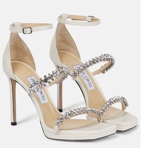 JIMMY CHOO WHITE HEELS DXCELLENT CONDITION BING 105 SANDALS CRYSTAL